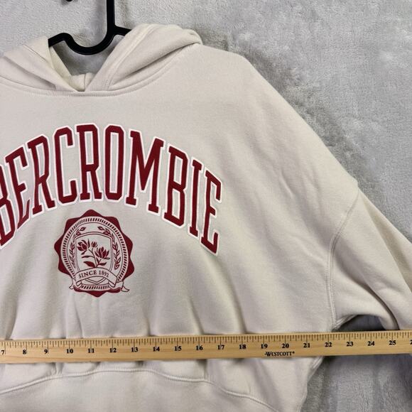 Abercrombie & Fitch Hoodie Women's Medium Cropped Cream/Red Velvet Print Lounge - Picture 10 of 13